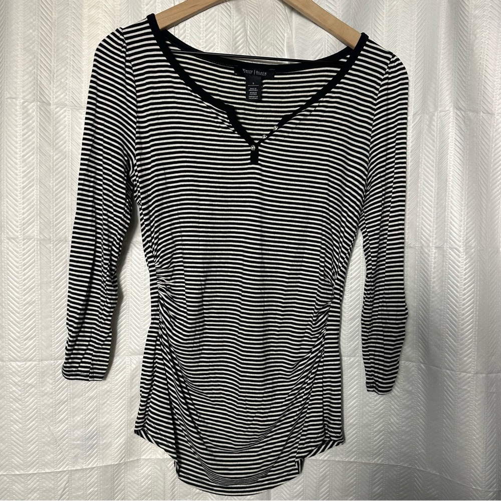 White House Black Market Black and White Striped 3/4 Sleeve Ruched Top